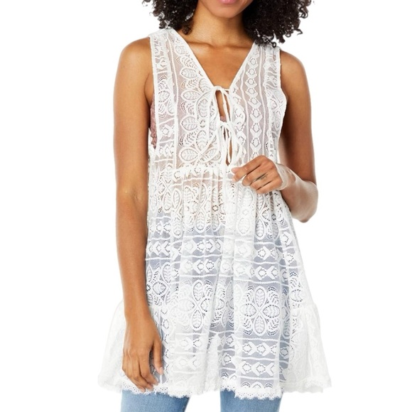 Free People Olivia Sheer Lace Mini Ivory Layering Dress - Picture 1 of 9